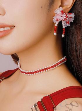 红色贝珠串珠项链项链新年