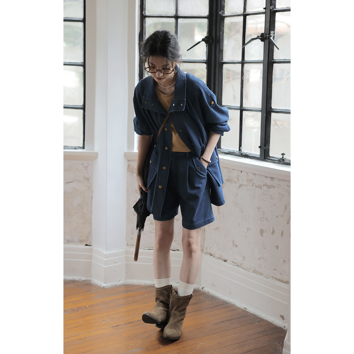 solighter法式复古人字纹牛仔短裤女春季2025新款阔腿宽松五分裤 - 图1