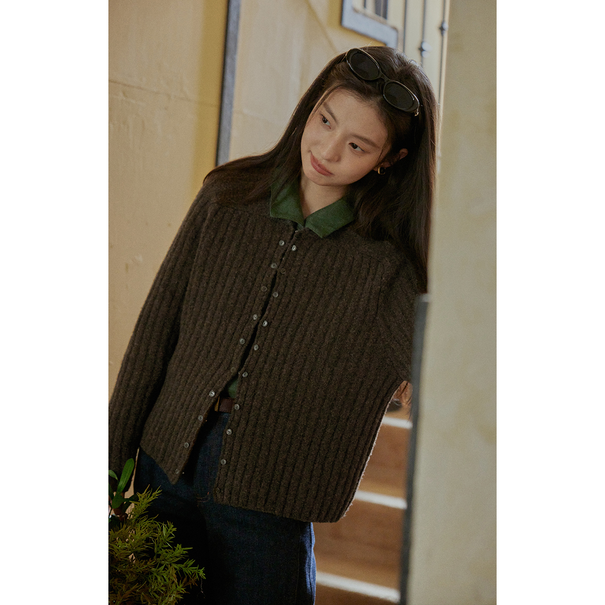 solighter 法式复古羊毛圆领坑条针织开衫女秋冬2025新款毛衣外套 - 图1