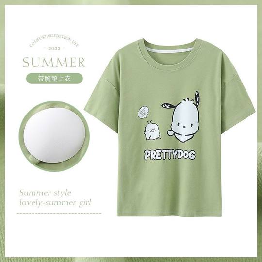 Full cotton breast pad pajamas women's single top without bra short-sleeved T-shirt in summer pure cotton thin round neck anti-convex dots