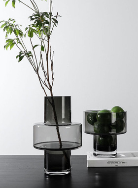 现代北欧极简烟灰透明玻璃花瓶摆件家居样板房装饰品百合水养水培