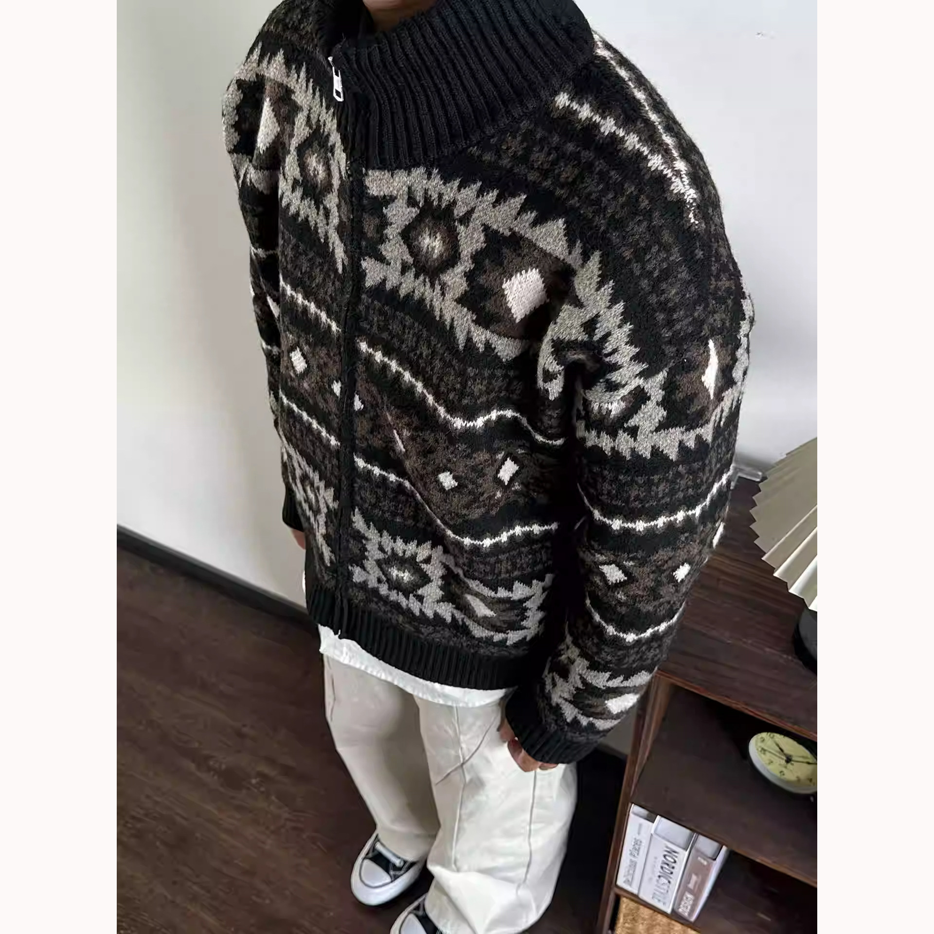 美式复古立领费尔岛提花开衫毛衣男针织衫夹克宽松保暖外套毛线衣,淘宝优惠券,粉丝福利购,淘宝优惠卷