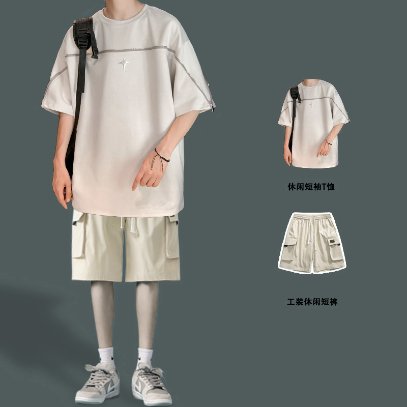 美式高街重磅麂皮绒短袖T恤男夏季设计感宽松拉链半袖短裤一套潮 - 图0