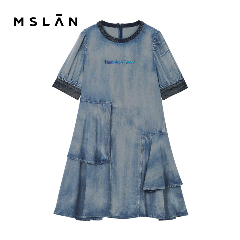 MSLAN【商场同款】夏季新款度假风短袖圆领拼接设计感连衣裙_虎窝淘