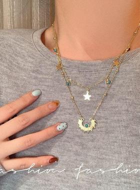 欧美宫廷风中古vintage复古气质做旧金属扇形闪钻项链卫衣毛衣链