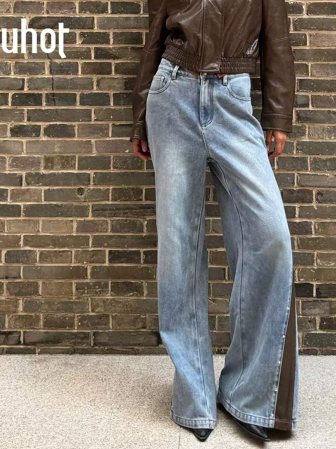 uhot/诱货蓝色拼皮水洗阔腿牛仔裤女复古撞钉微喇气质 UWWW1K696M,淘宝优惠券,粉丝福利购,淘宝优惠卷