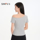 Sanfu slanted shoulder high-sleeved singlet sweet cool digital print pleated waist slim top for women 514724