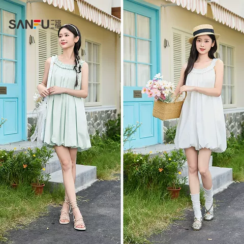 SANFU/三福 无袖连衣裙 花边肩带 花苞短裙