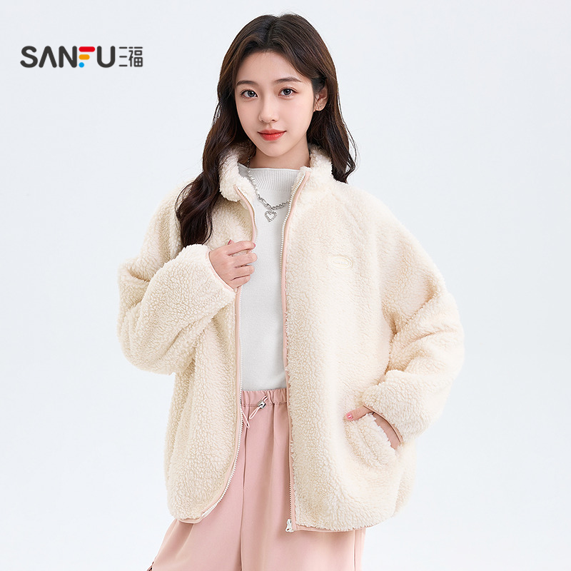 三福厚外套女2025新款春季撞色边立领保暖羊羔毛洋气韩系上衣女装