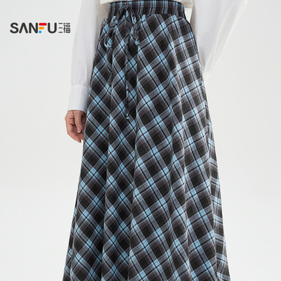 三福半身裙2025新款冬季巨好看的蕾丝拼接复古格子裙子女装509019