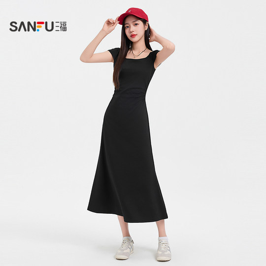 Sanfu Dress 2025 new summer French temperament pleated long skirt slim black skirt women's clothing