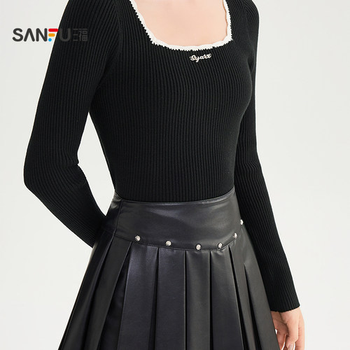 三福打底衫2025新款秋季蕾丝拼接方领修身内搭针织上衣女装505944 - 图1