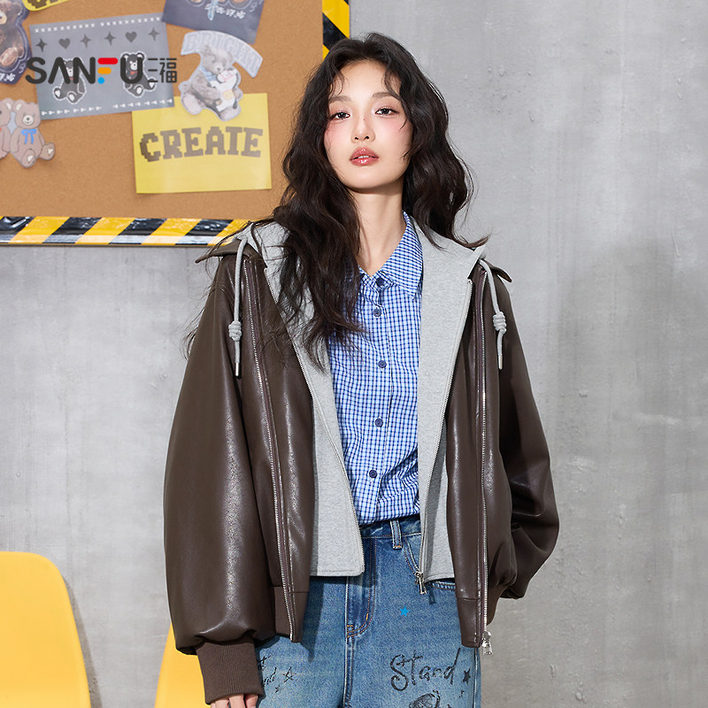 三福厚外套2026新款春季时尚假两件宽松连帽PU皮衣夹克女装515342,淘宝优惠券,粉丝福利购,淘宝优惠卷
