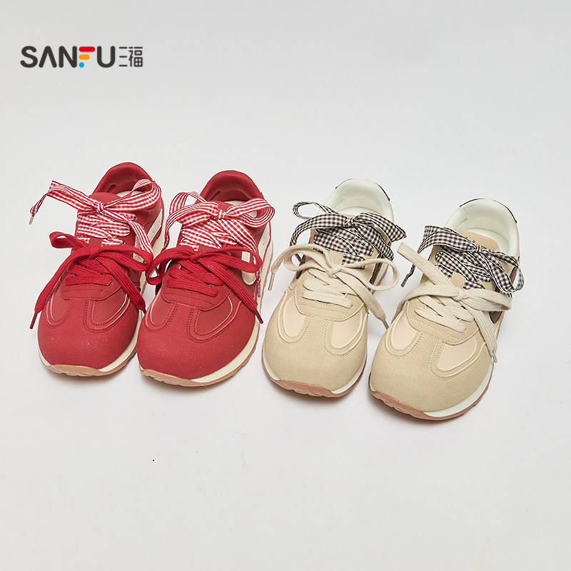 三福女运动鞋春季甜酷复古风圆头慢跑鞋方格织带女鞋853113