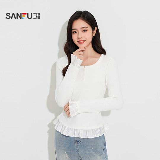 Sanfu women's autumn slightly loose pleated button lace single clothes, casual bottoming, long-sleeved top 504758