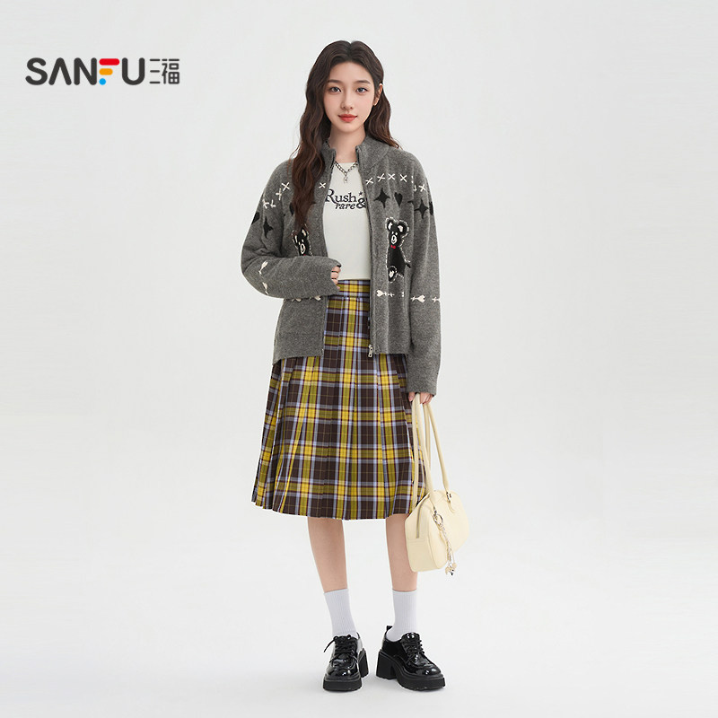 三福毛衣开衫女2026新款春季小熊图案立领宽松披肩上衣女装515940,淘宝优惠券,粉丝福利购,淘宝优惠卷