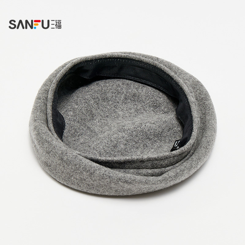 三福贝雷帽淑女港风气质保暖灰色红色羊毛帽子冬季2025新款847607