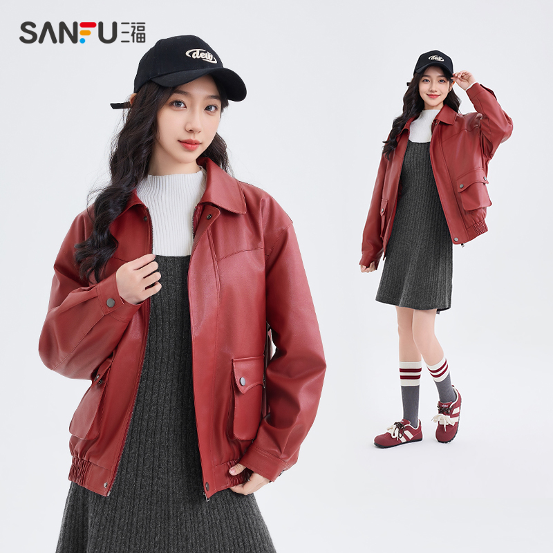 三福厚外套女2024新款冬季韩系立体口袋夹棉皮衣宽松黑色夹克女装