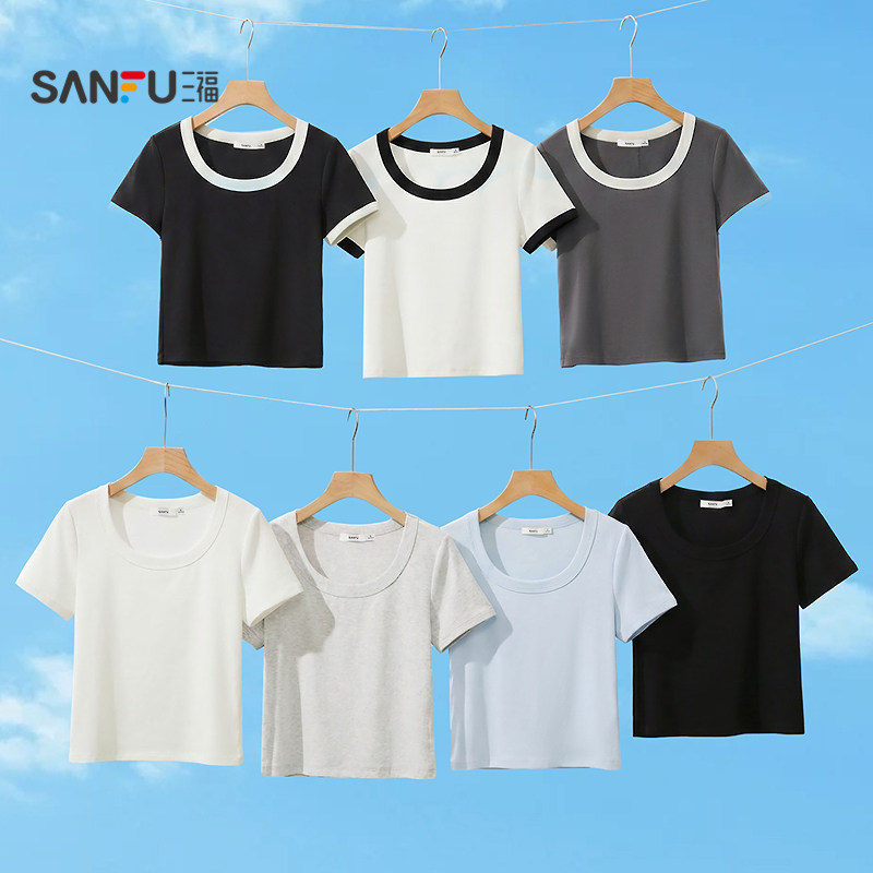 三福T恤女2025新款夏季大圆领时尚短袖简约百搭修身短款上衣女装