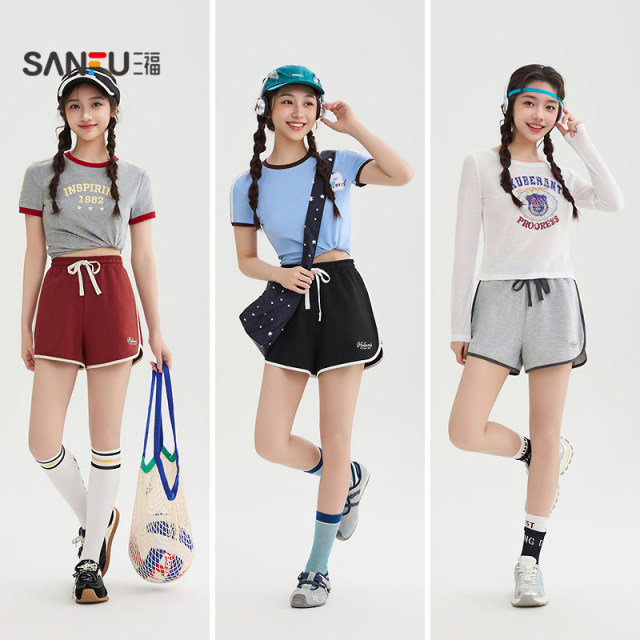 ໂສ້ງຂາສັ້ນຂອງແມ່ຍິງ Sanfu 2026 Summer Casual Sports Drawstring Elastic Waist Contrast Color Edge Loose Pants Women's 518100
