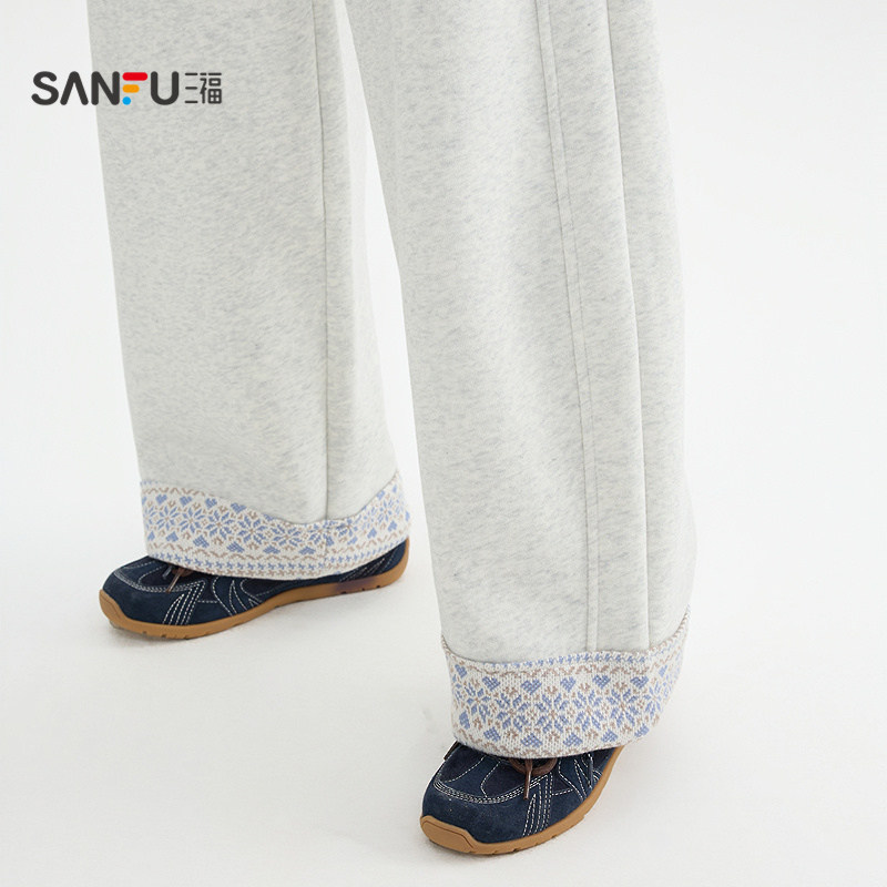 三福加绒裤子2025新款冬季花纹裤脚高腰宽松阔腿休闲裤女装514635