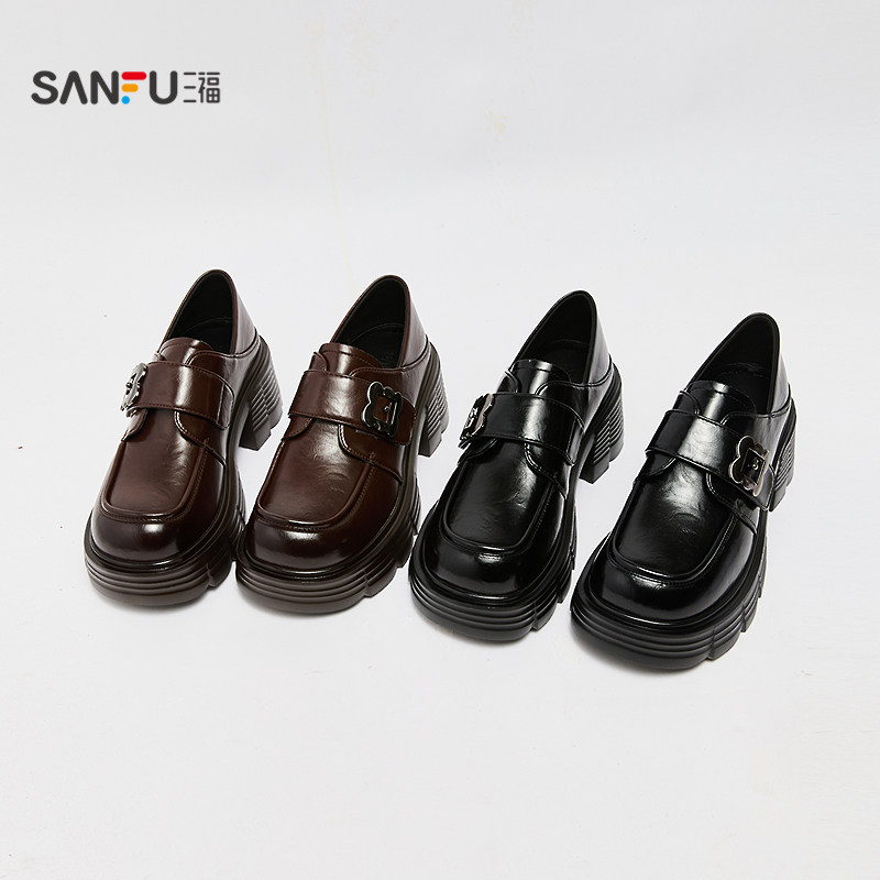 三福女乐福鞋秋季智性学院一字带花形扣件厚底圆头女鞋846834,淘宝优惠券,粉丝福利购,淘宝优惠卷