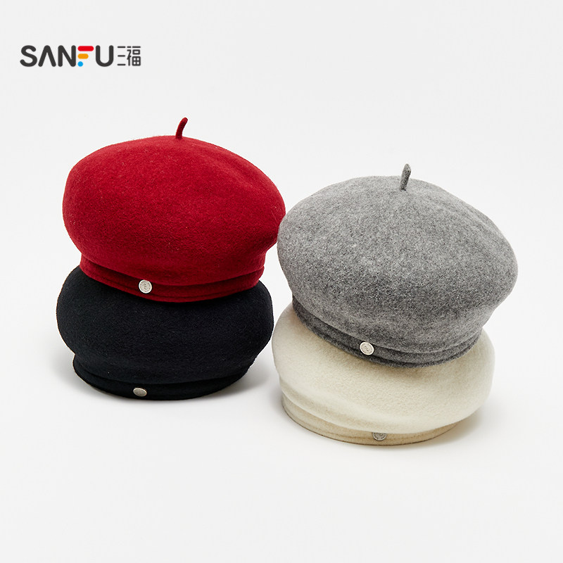 三福贝雷帽淑女港风气质保暖灰色红色羊毛帽子冬季2025新款847607