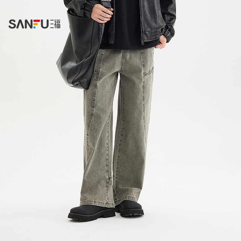 三福2026春季男士洗褪分割结构工装休闲裤 街潮直筒长裤513466,淘宝优惠券,粉丝福利购,淘宝优惠卷
