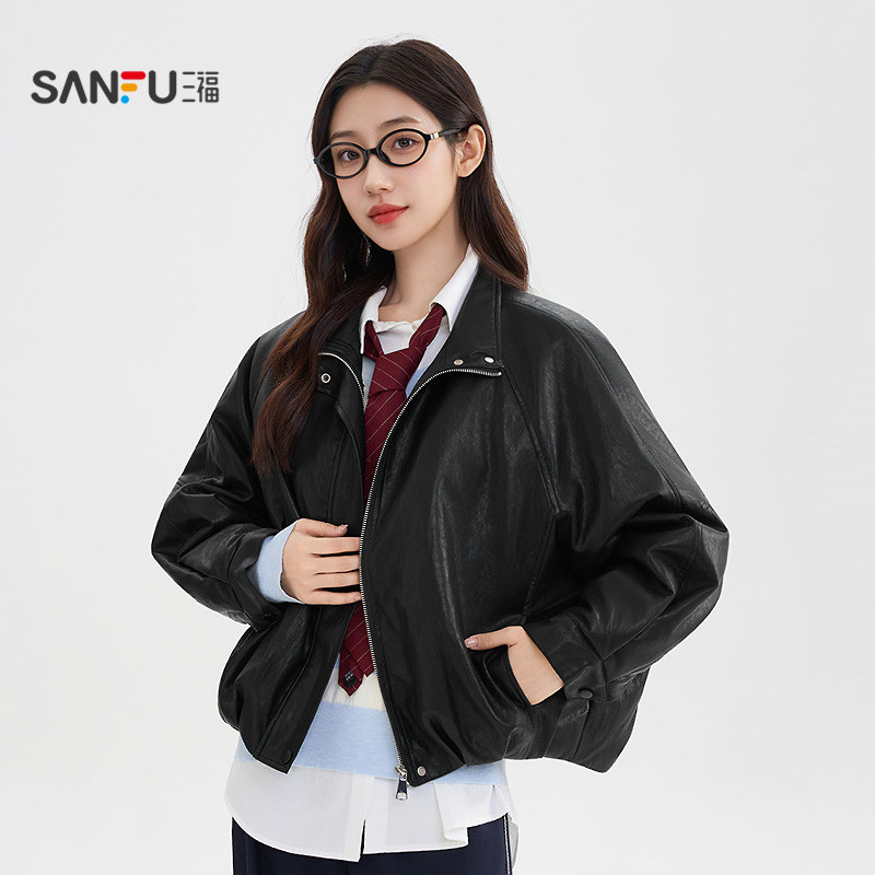 三福皮衣外套2025新款冬季复古宽松加绒保暖软皮衣夹克女装513300,淘宝优惠券,粉丝福利购,淘宝优惠卷