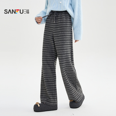三福休闲裤2025新款冬季高腰宽松慵懒条纹针织阔腿长裤女装512269