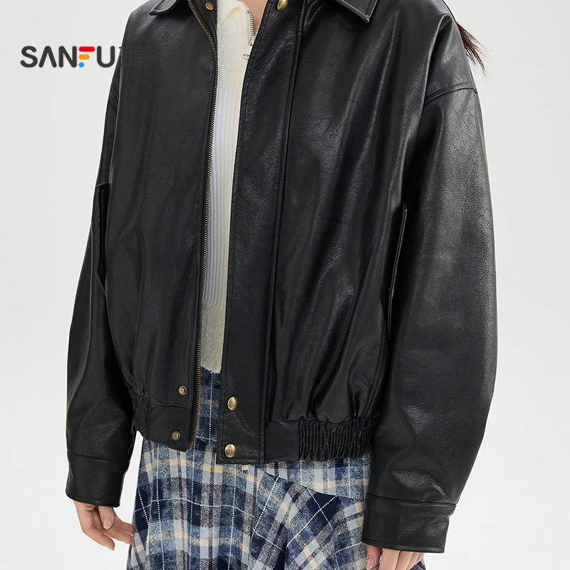 三福皮衣外套女2025新款冬季时尚简约翻领加绒黑色夹克女装849952,淘宝优惠券,粉丝福利购,淘宝优惠卷