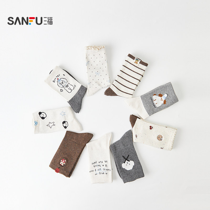 三福 女短筒袜单双装 趣味少女线条感点子纱柔软女袜袜子846373,淘宝优惠券,粉丝福利购,淘宝优惠卷