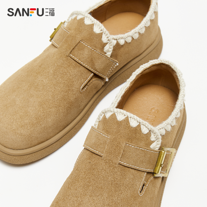 三福勃肯鞋女春季山系户外森系花边纯色套口乐福鞋女鞋838519 - 图2