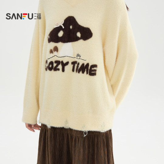 三福毛衣秋冬慵懒高级感2025新款蘑菇图案V领宽松上衣女装510472