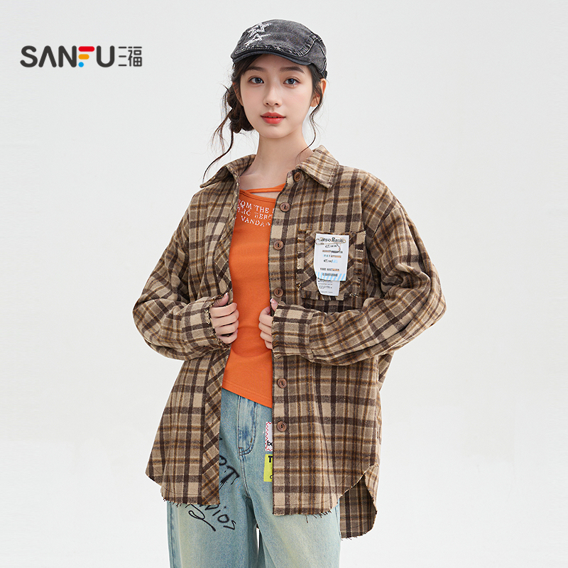 三福衬衫外套2025新款冬季毛须边格子衬衣复古宽松上衣女装510501 - 图0
