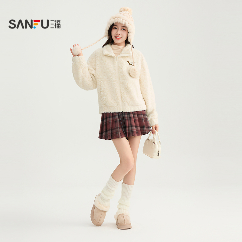三福厚外套女2025新款冬季翻领保暖羊羔毛夹克韩里韩气的外套女装 - 图2