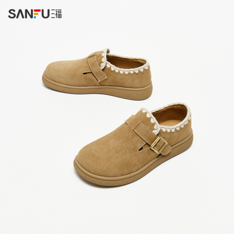 三福勃肯鞋女春季山系户外森系花边纯色套口乐福鞋女鞋838519 - 图0