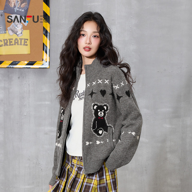 三福毛衣开衫女2026新款春季小熊图案立领宽松披肩上衣女装515940,淘宝优惠券,粉丝福利购,淘宝优惠卷