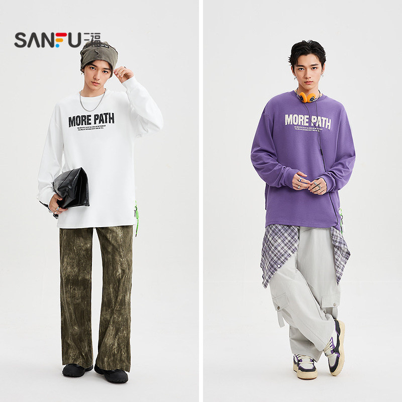 三福2025秋冬男士网布拼接英文长T恤 机能风宽松上衣507894,淘宝优惠券,粉丝福利购,淘宝优惠卷