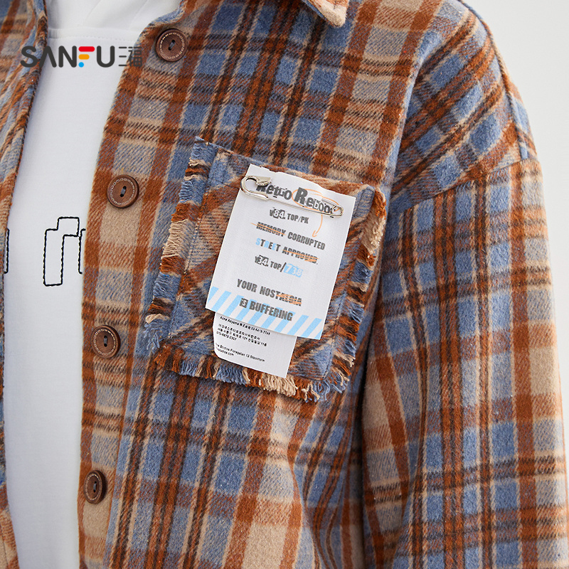 三福衬衫外套2025新款冬季毛须边格子衬衣复古宽松上衣女装510501 - 图1