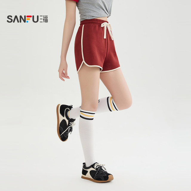 ໂສ້ງຂາສັ້ນຂອງແມ່ຍິງ Sanfu 2026 Summer Casual Sports Drawstring Elastic Waist Contrast Color Edge Loose Pants Women's 518100
