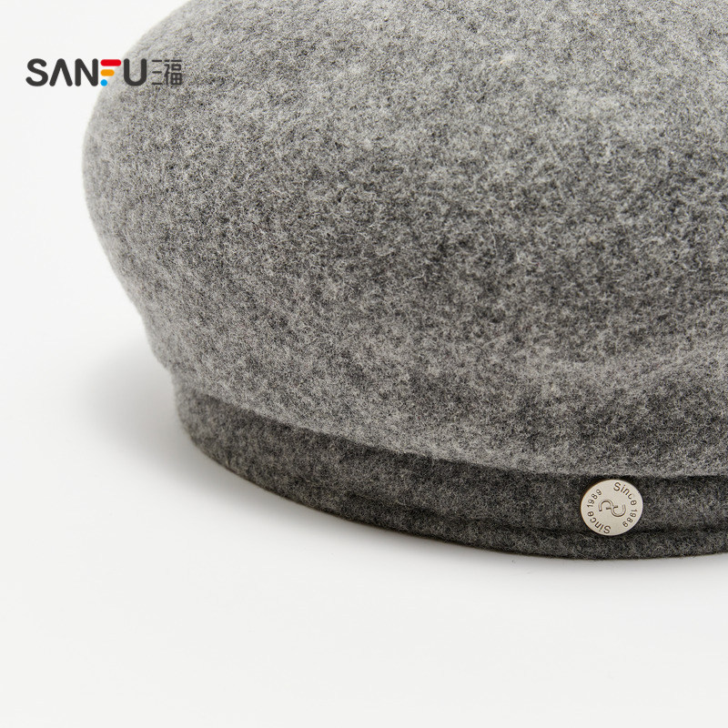 三福贝雷帽淑女港风气质保暖灰色红色羊毛帽子冬季2025新款847607