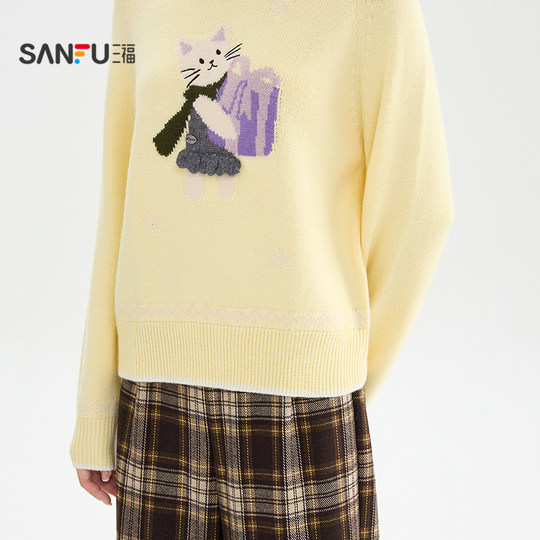 Sanfu sweater 2025 new winter small cat pattern round neck loose pullover top for women 510502