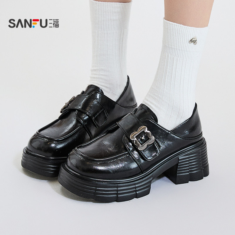 三福女乐福鞋秋季智性学院一字带花形扣件厚底圆头女鞋846834,淘宝优惠券,粉丝福利购,淘宝优惠卷