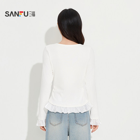 Sanfu women's autumn slightly loose pleated button lace single clothes, casual bottoming, long-sleeved top 504758