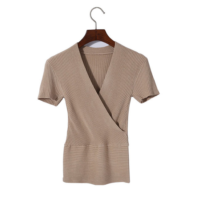 Low-cut cross top short-sleeved bottom shirt sexy women