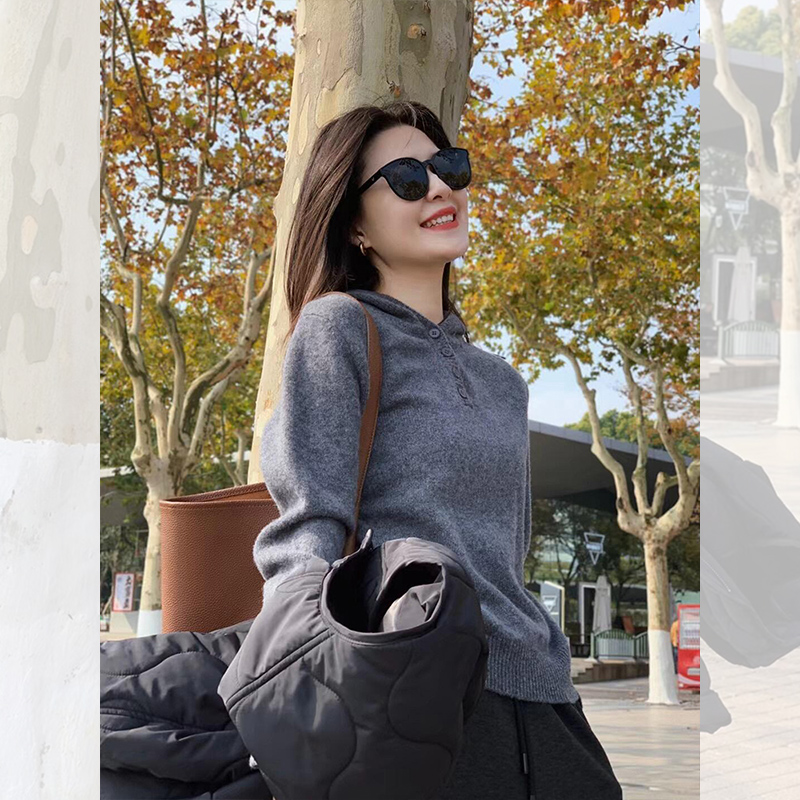 大衣内搭灰色连帽羊绒针织衫女秋冬季叠穿毛衣打底衫加厚帽衫上衣 - 图3