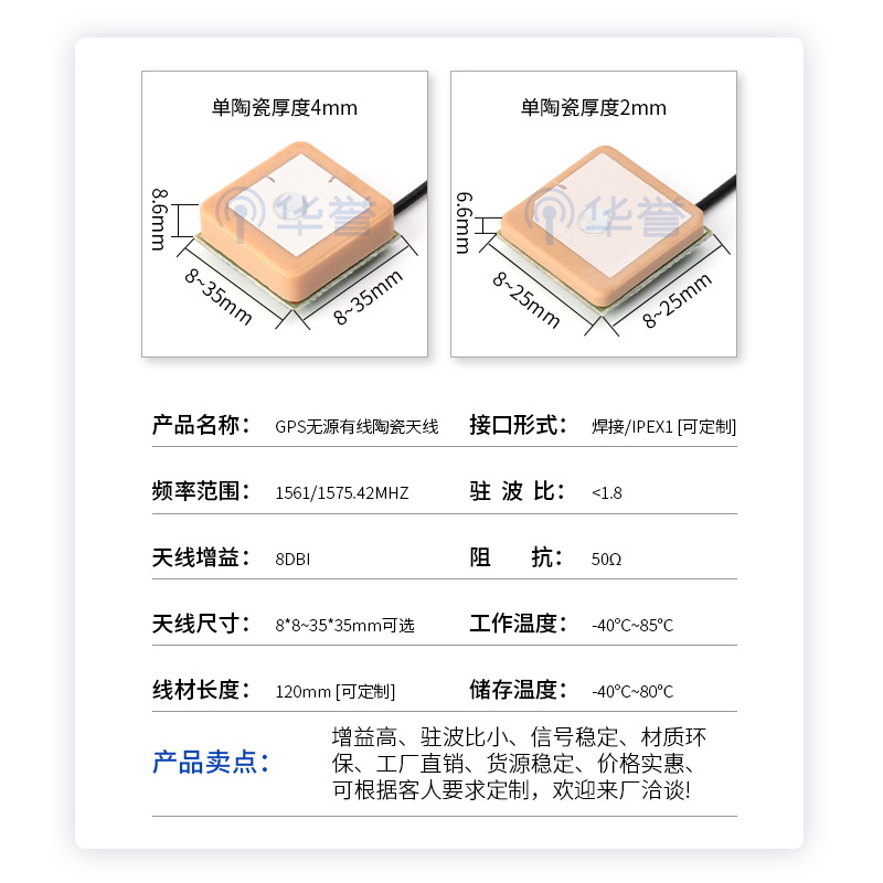 GPS内置无源陶瓷片天线 8*8到25*25高增益北斗卫星导航定位天线-图0