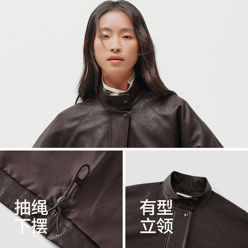 商场同款|森马外套女春PU仿皮宽松插肩袖2026新款酷飒风街头夹克 - 图2