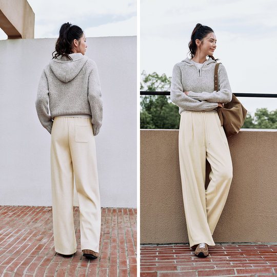 森马休闲裤女冬季宽松白色裤子仿呢阔腿裤垂感2025新款慵懒糯米裤